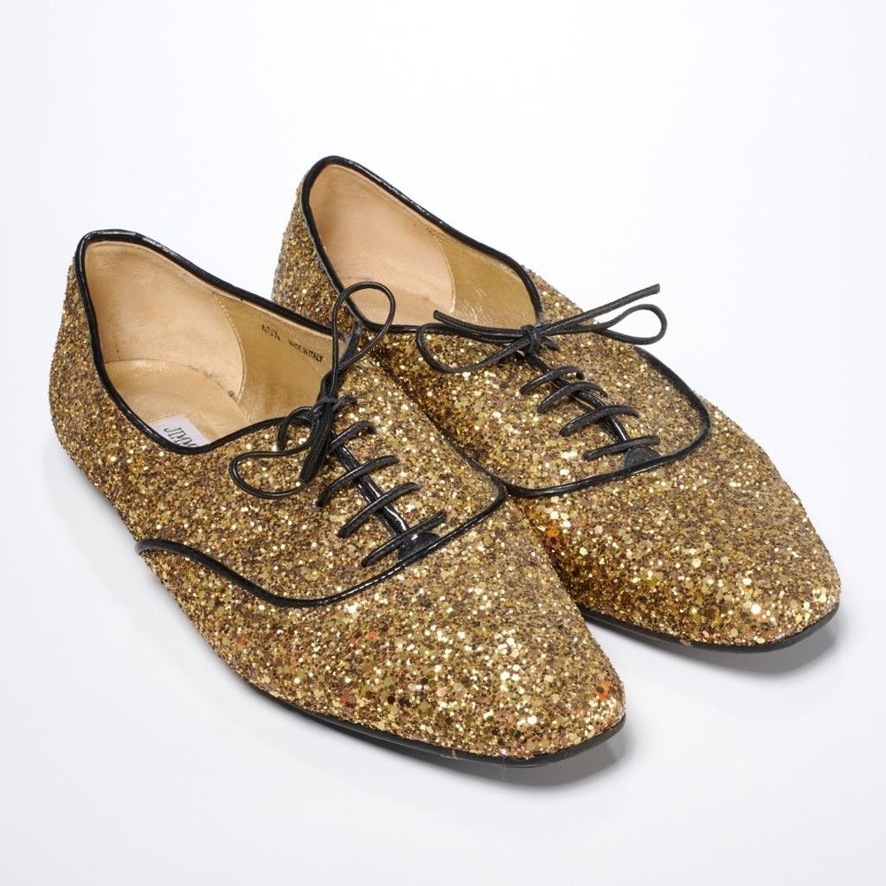 Jimmy Choo London Gold Glitter Lace Up Dress Shoe Flats Made in Italy 40.5 US 10